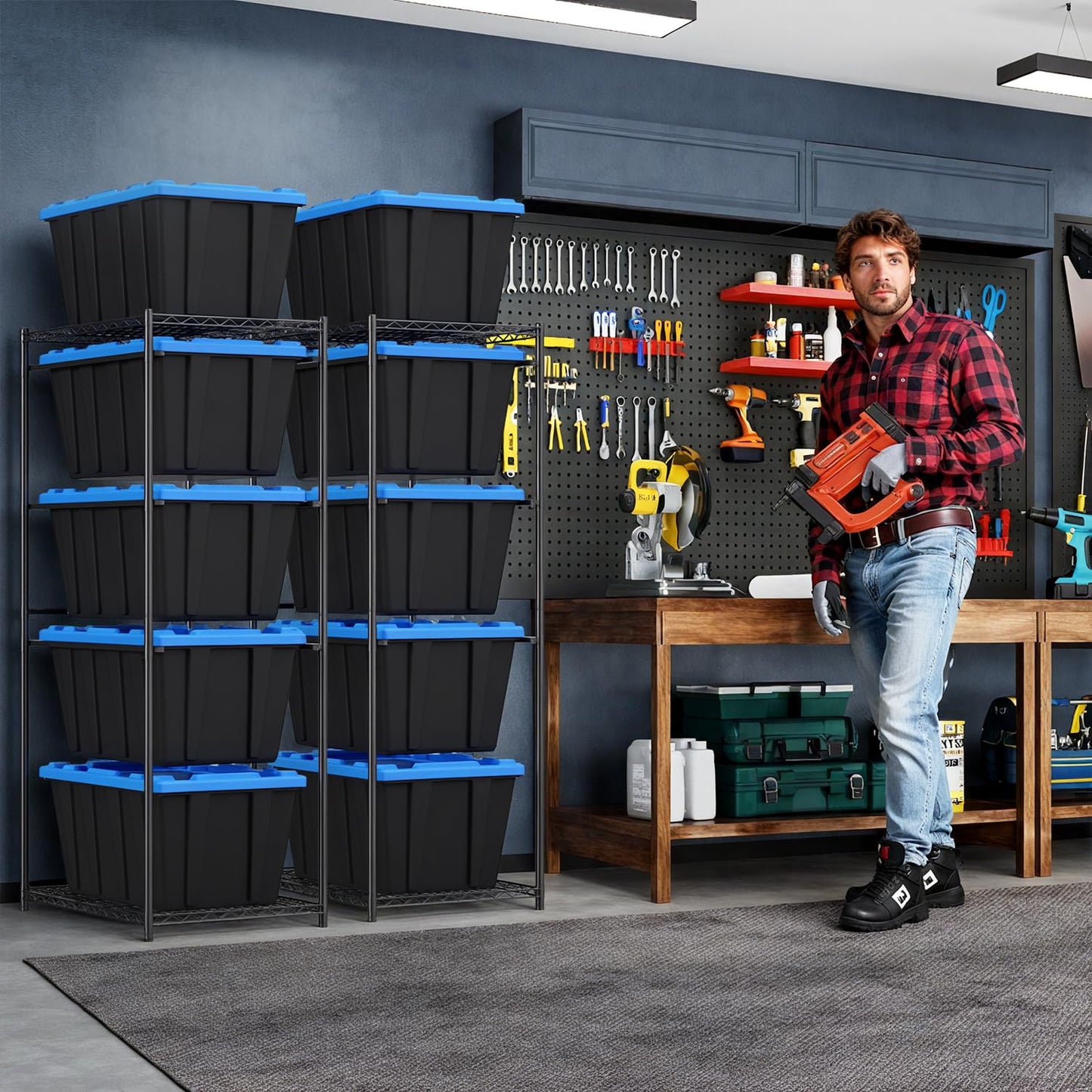 BestOffice 5-Tier Tote Storage Rack 27 Gallon Bins Wire Storage Shelving Unit 250 LBS Metal Rack Organizer for 18"-20.6" Width Bins for Garage Pantry Kitchen Basement, 30.9"x23"x67.3", Black, 2 Pack
