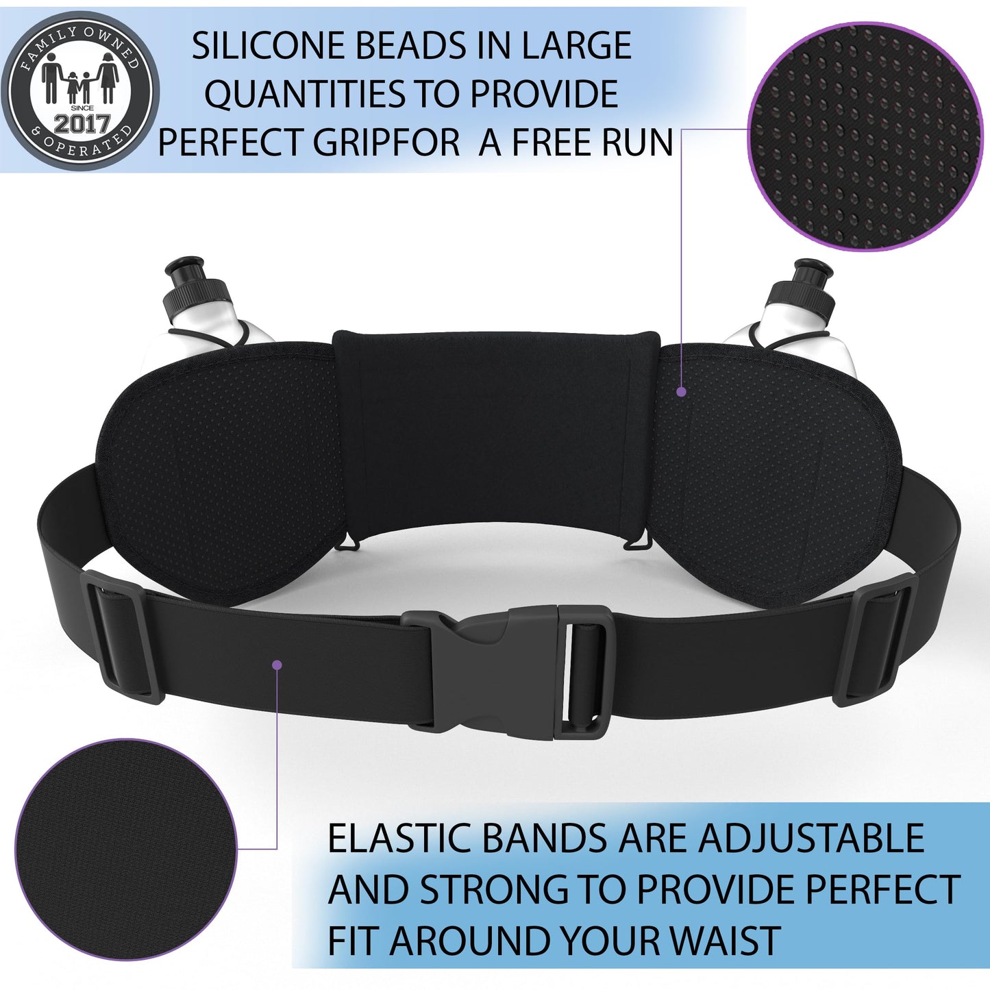 Q-RUN Hydration Running Belt with Bottles - Water Belts for Woman and Men - iPhone Belt for Any Phone Size - Fuel Marathon Waist Pouch for Runners - Jogging Cycling Biking, Purple