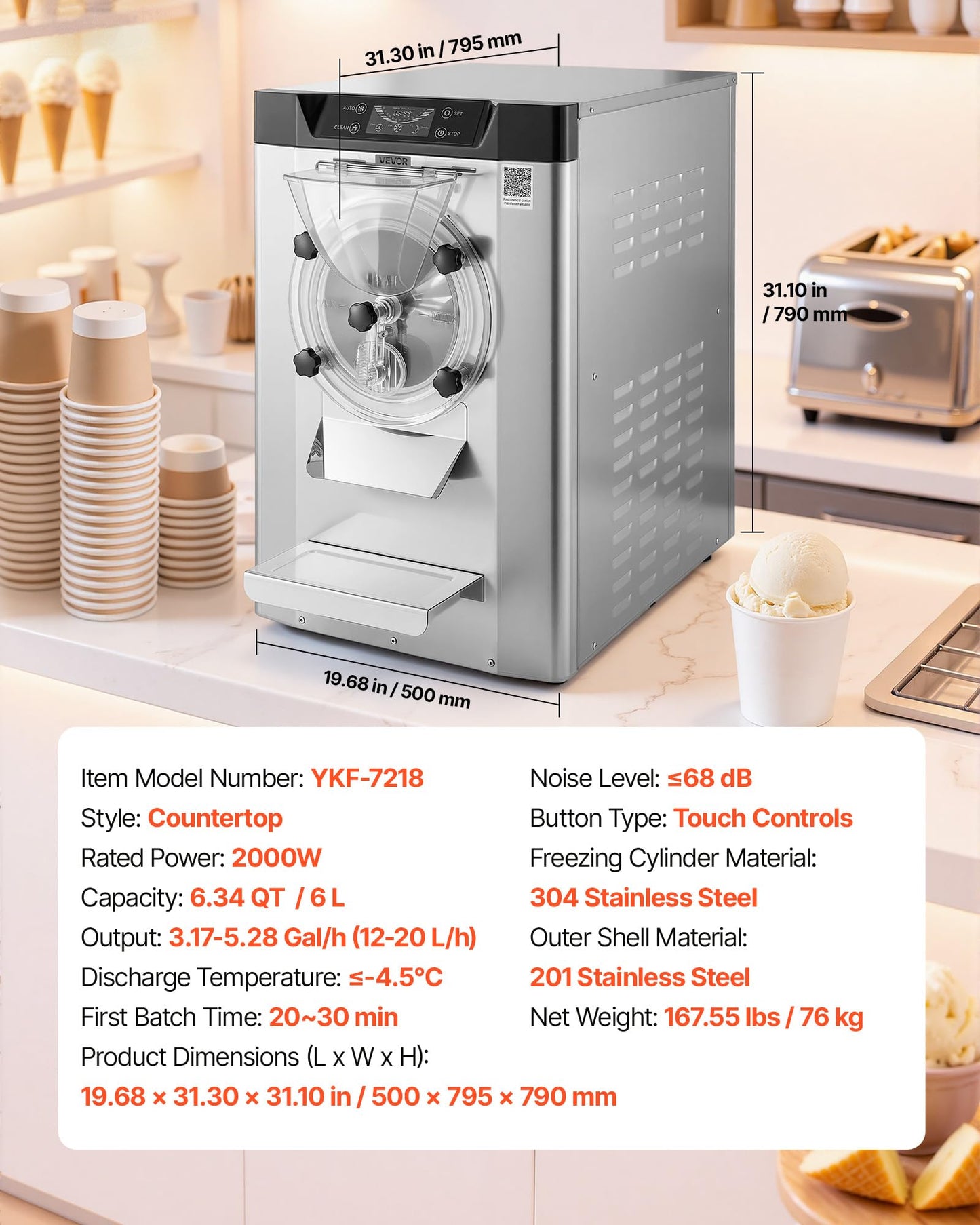 VEVOR Commercial Hard Ice Cream Machine, 2000W 3.17-5.28 Gal/Hour, Countertop Gelato Hard Serve Ice Cream Maker with 6L 304 Stainless Steel Cylinder, Auto Clean LED Panel for Snack Bar Restaurants