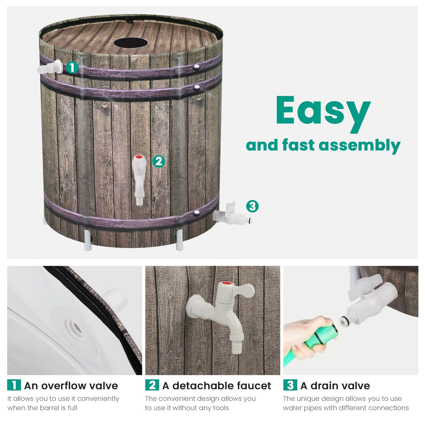 Rain Barrel,50 Gallon Collapsible Rainwater Collection with Spigots and Overflow Kit,Portable Plastic Rain Barrel with Filter, Anti-Collapse Rainwater Collection Container Woodgrain