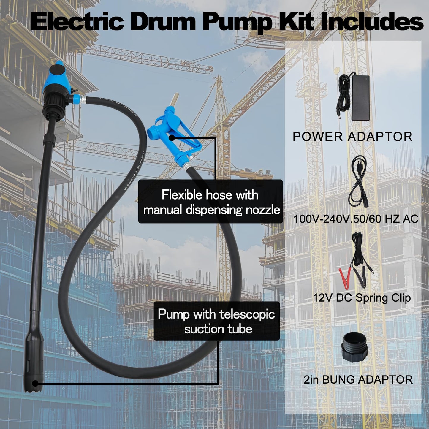 NimRay Electric Drum Pump (120V AC / 12V DC), 5 GPM Flow Fuel Pump, for DEF, Diesel, Water, Antifreeze with a 6.6ft Hose, 2'' Bung Adapter, and 34-49in telescoping Suction Tube for 55-Gallon Barrels.