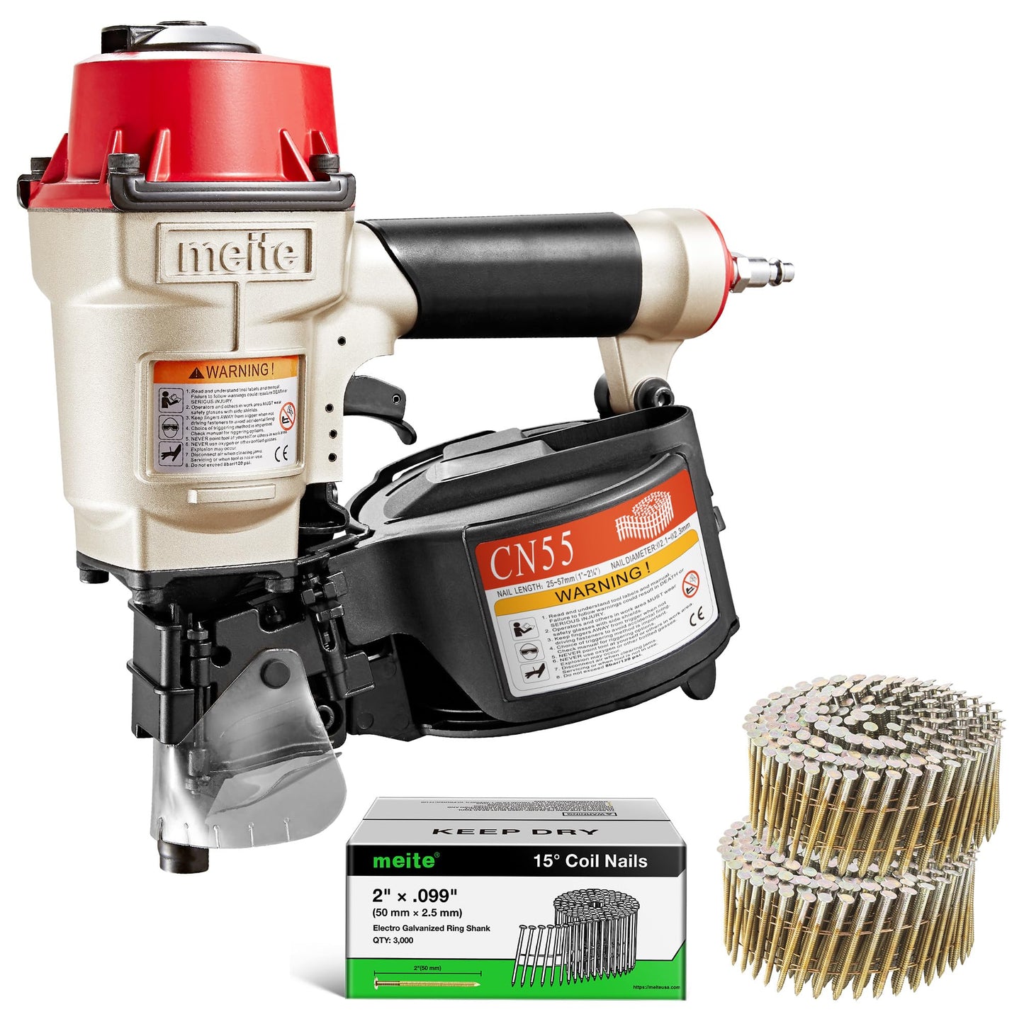 meite CN55 Pneumatic Coil Nailer with 15 Degree Siding Nails 2" × .099'' - Air Coil Nail Gun with 400PCS Magazine, 360° Adjustable Exhaust for Framing Sheathing Pallets Hardwood Projects