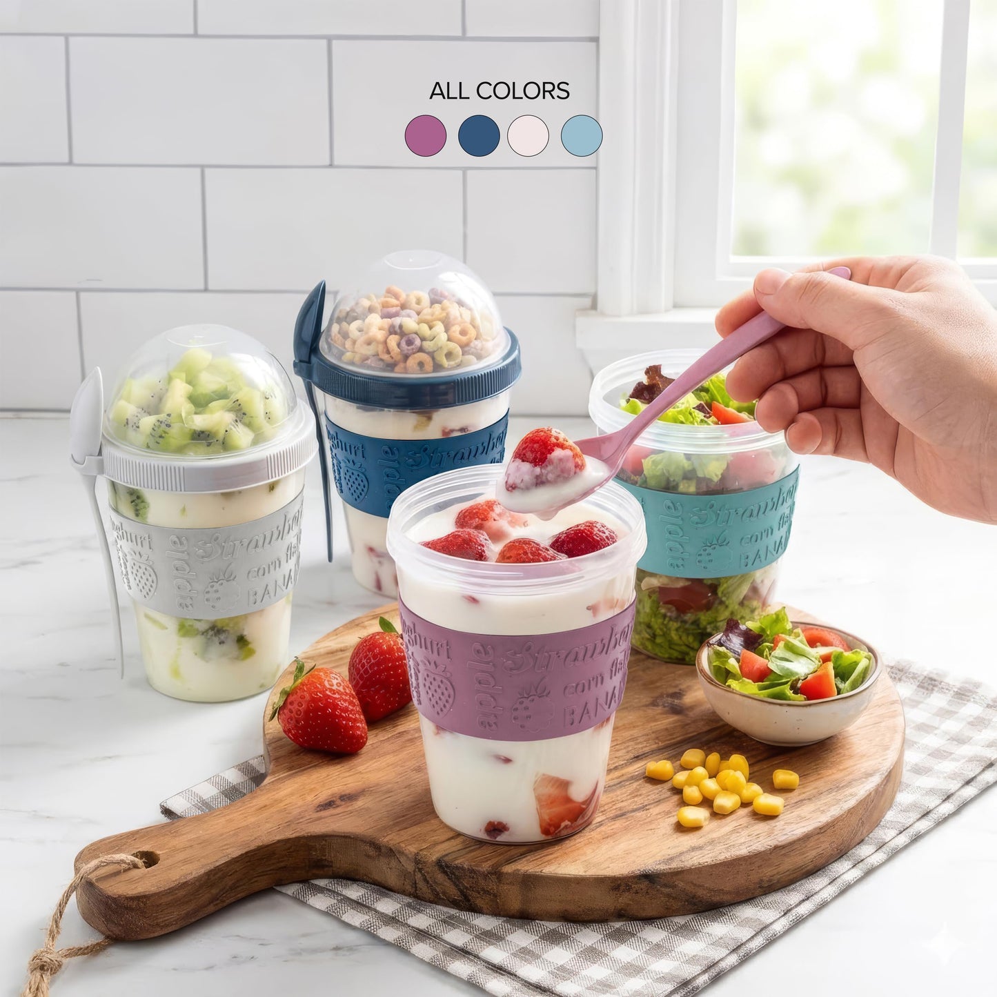 SECEL 4 Pcs Yogurt Parfait Cups Breakfast On The Go Reusable Plastic Containers With Lids And Spoons Take And Go Yogurt Cup With Topping Cereal Or Oatmeal Leak-proof Colorful Bowls