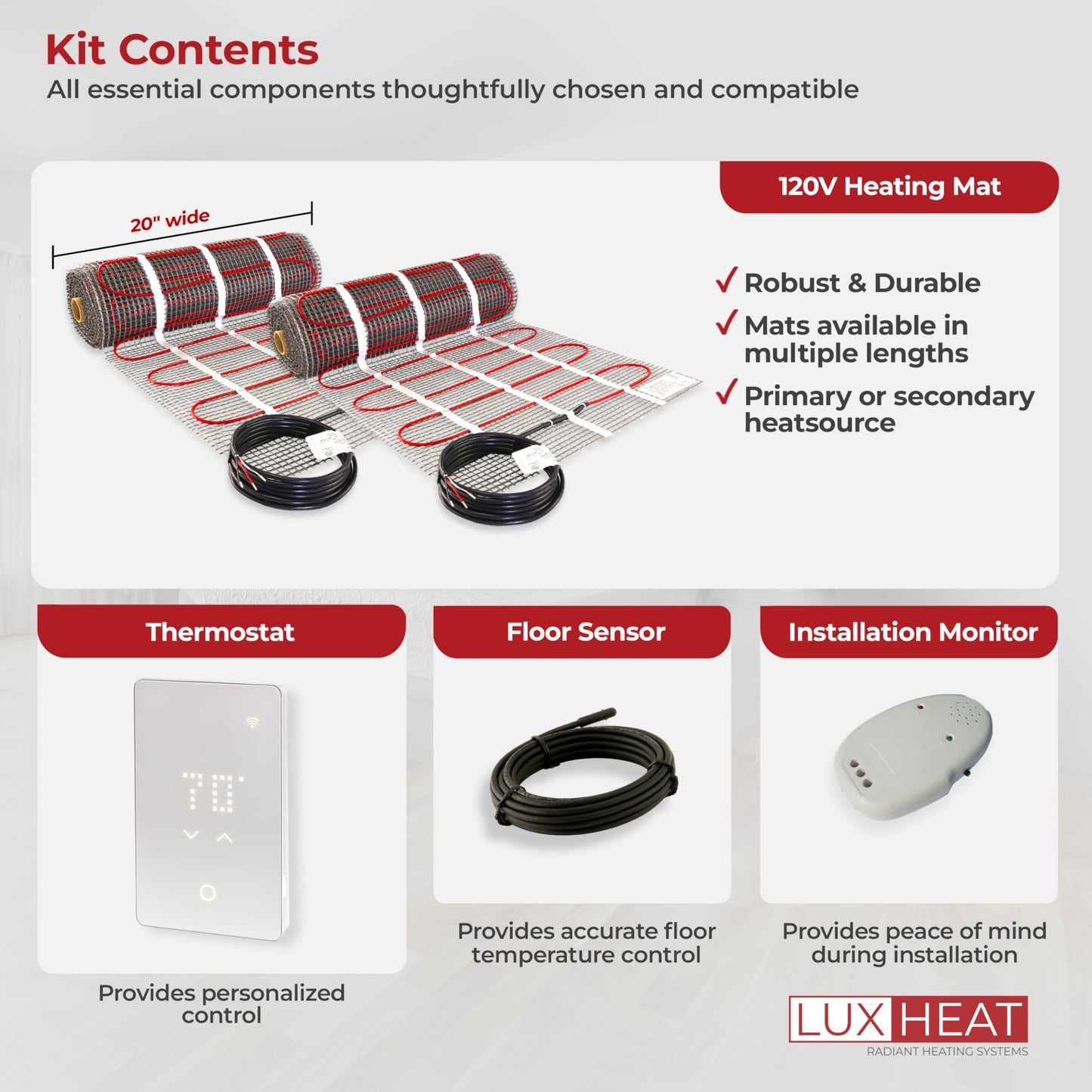 LuxHeat 150sqft Floor Heating Mat Kit - 120v Under Tile Floor Heater Kit for Vinyl - Easy to Install Infloor Heat System - Includes UWG5 WiFi Programmable Thermostat w/GFCI, Alarm & Flooring Sensor