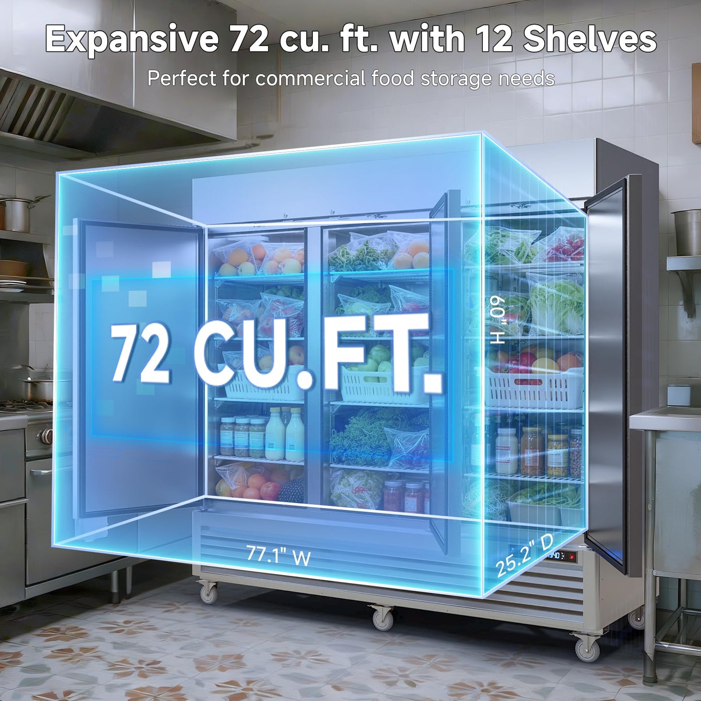VEECOOL 72 cu.ft Commercial Refrigerator WiFi-Enabled, 82" Two Section Full Door Stainless Steel Reach in Refrigerator, LED Lighting, App and Digital Control, R290 Refrigerant, ETL&ETL Sanitation