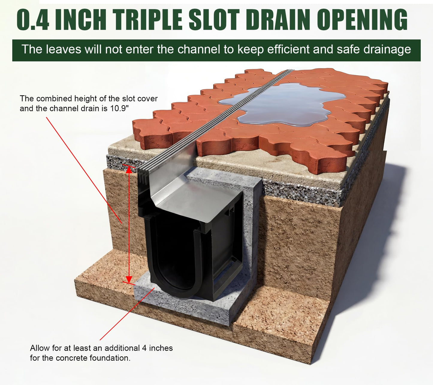 Natotela Slot Channel Drain with 304 Stainless Steel Grate-39.4Lx6.3Wx10.9H in. Deep Profile Trench Drain System for Landscaping,3 Pack Total Length 118.2in,A15 Hidden Drain Channel