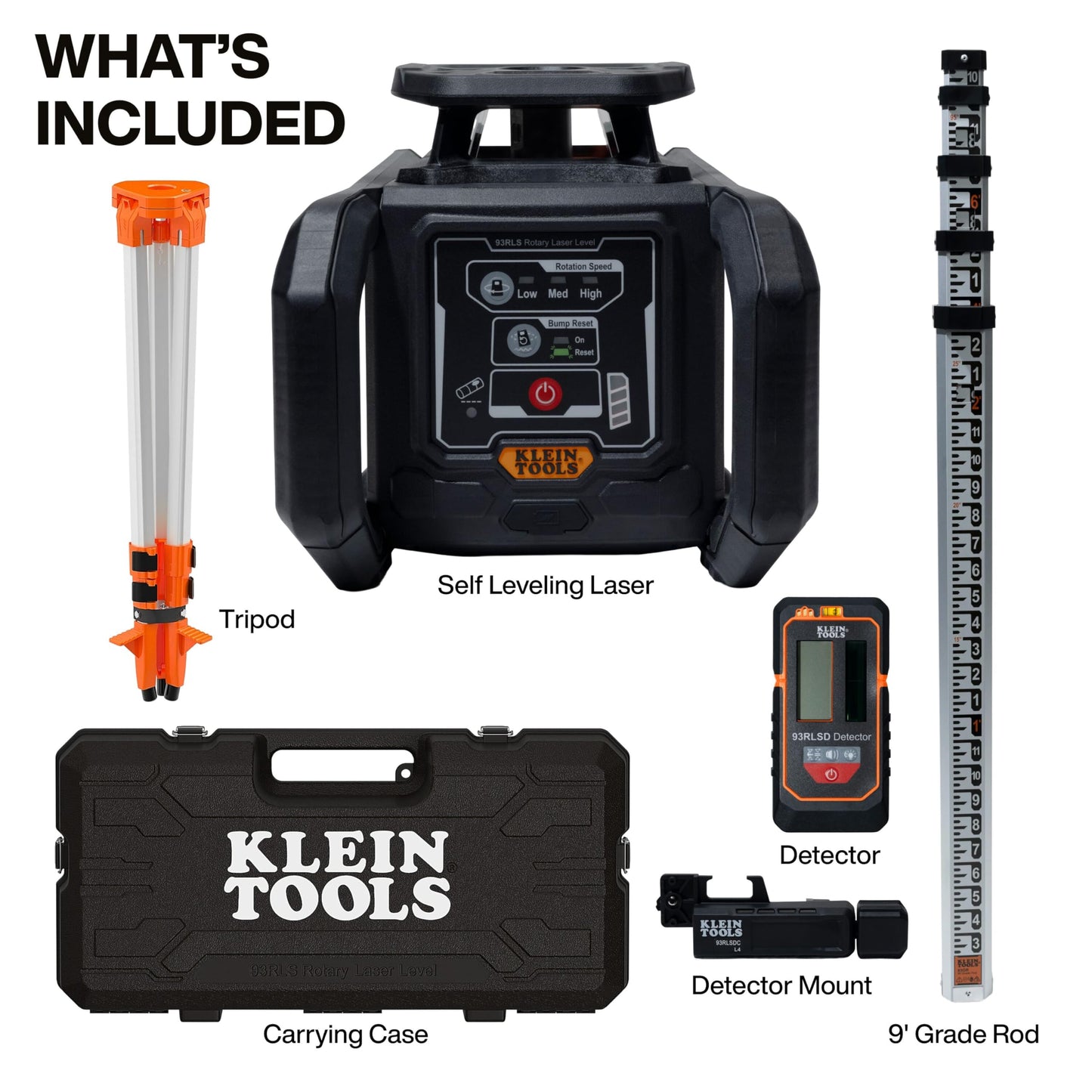 Klein Tools 93RLS Green Self-Leveling Rotary Laser Level Kit, Horizontal/Vertical with Plumb Spot, 1150-Foot Range, Rechargeable, Tripod, Detector, 9-Foot Grade Rod, Carrying Case, ≤ 5mW Class 3R
