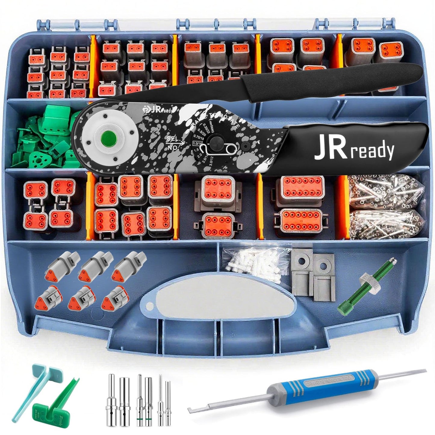 JRready DW5009-01 Deutsch Connectors Crimping Tool Kit, 2 3 4 6 8 12 DT Connectors Waterproof Connector with Ratcheting Crimper 22-12 AWG, Automotive Solid Contacts, Deutsch Pin Removal Tool