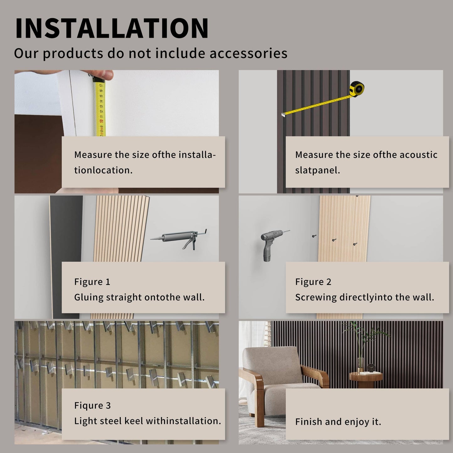 POHARE Wood Slat Wall Panels, 2 Pack Accent Decorative Acoustic Wood Slats for Wall and Ceilings, Acoustic Panels for Interior Wall Décor on Felt Back Board, Black-Brown Oak, 8 x 1 ft
