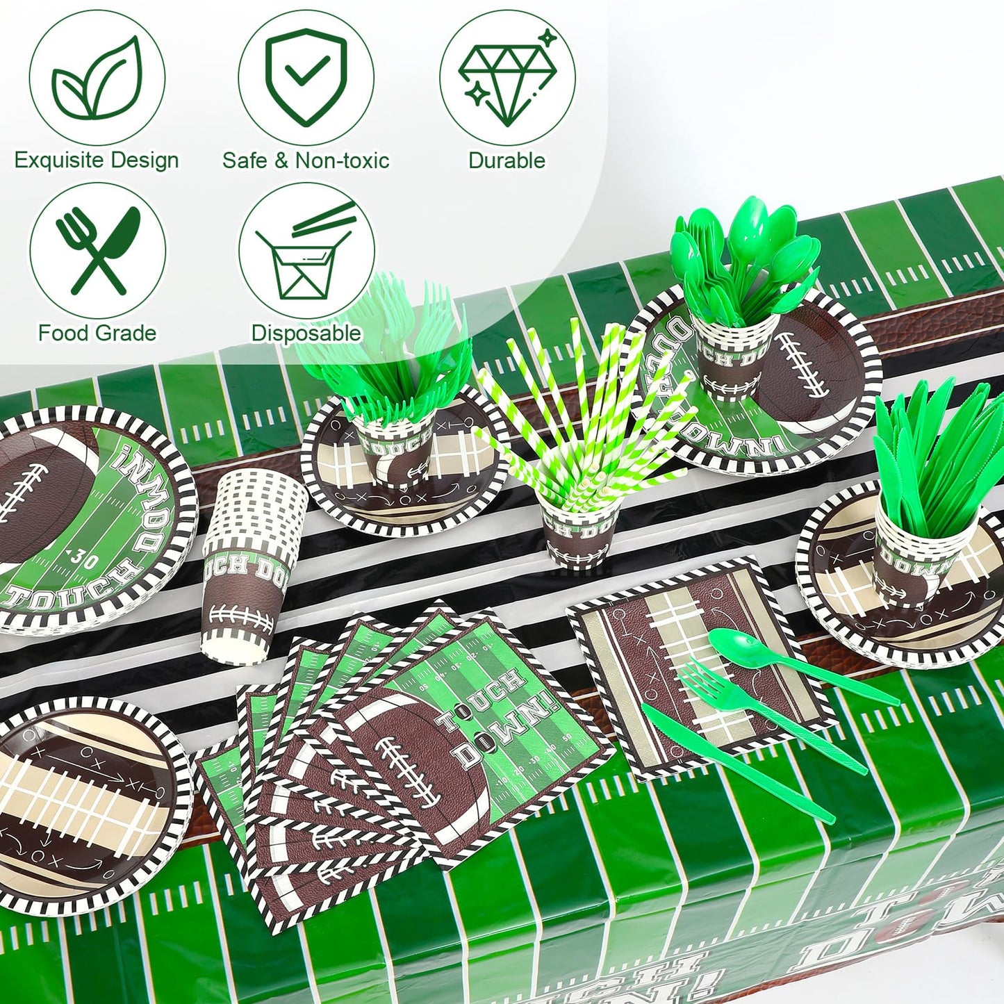 Zhehao 196 Pcs Football Birthday Party Decorations Serve 24 Guests Football Party Supplies Tableware Set Banner Tablecloth Plates Cups Cutlery Straws Napkins for Birthday Day Tailgate Decorations