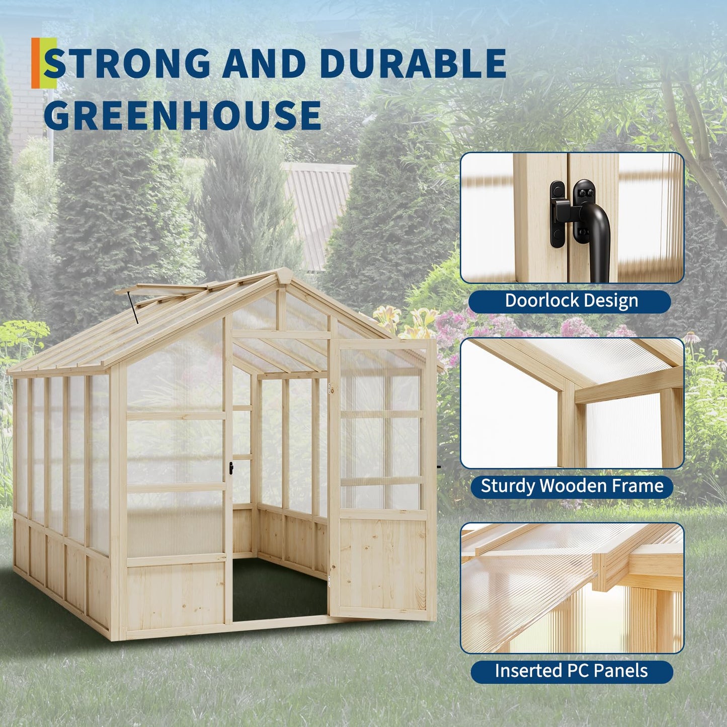 Garvee 8x10 ft Wooden Greenhouse, Greenhouses for Outdoors with Lockable Door, Wood Frame & Adjustable Vent, Heavy Duty Greenhouse with Polycarbonate Panel for Outside, Garden, Yard, Light Brown