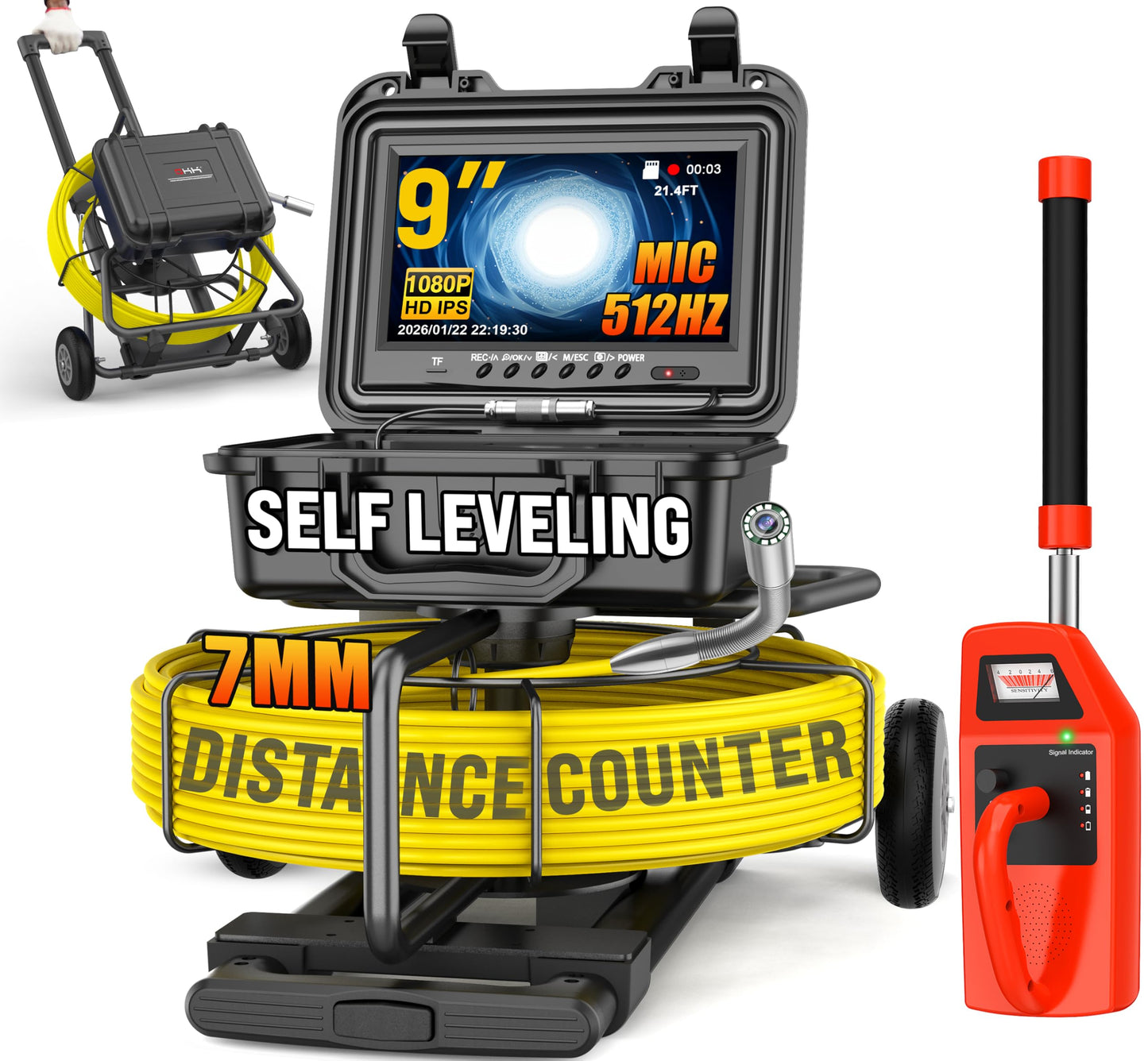 OKK Sewer Camera with 512Hz Locator, Professional 9" Self-Leveling Drain Camera 200ft, Distance Counter, 7mm Cable, Pull Handle, Wheels, IP68 Waterproof, DVR with Mic, 32GB Card, 5100mAh Battery