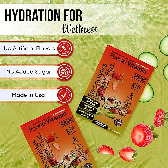 PowerVitamin Electrolytes Powder Packets - Strawberry Cucumber - Keto Electrolytes for Daily Energy - Hydration Powder with 1000mg Potassium, 120mg Magnesium, Zero Calories - 30 Hydration Packets
