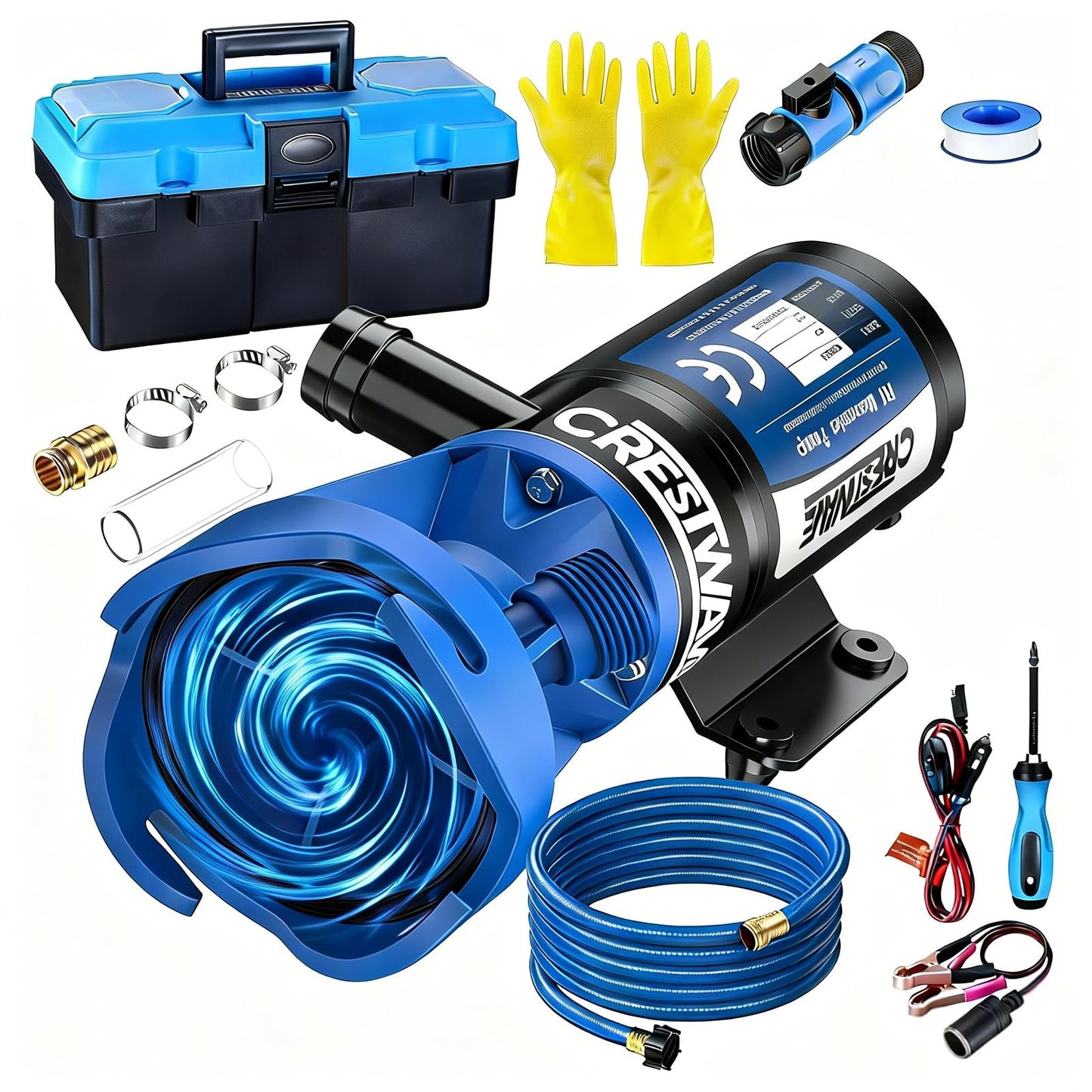 CrestWave RV Macerator Pump - Fast 4-Minute Emptying for RV & Boat Tanks | 12GPM, 10FT Lift | 12V 144W Copper Motor, SK5 Blades, Full Protection Kit | Hose Included