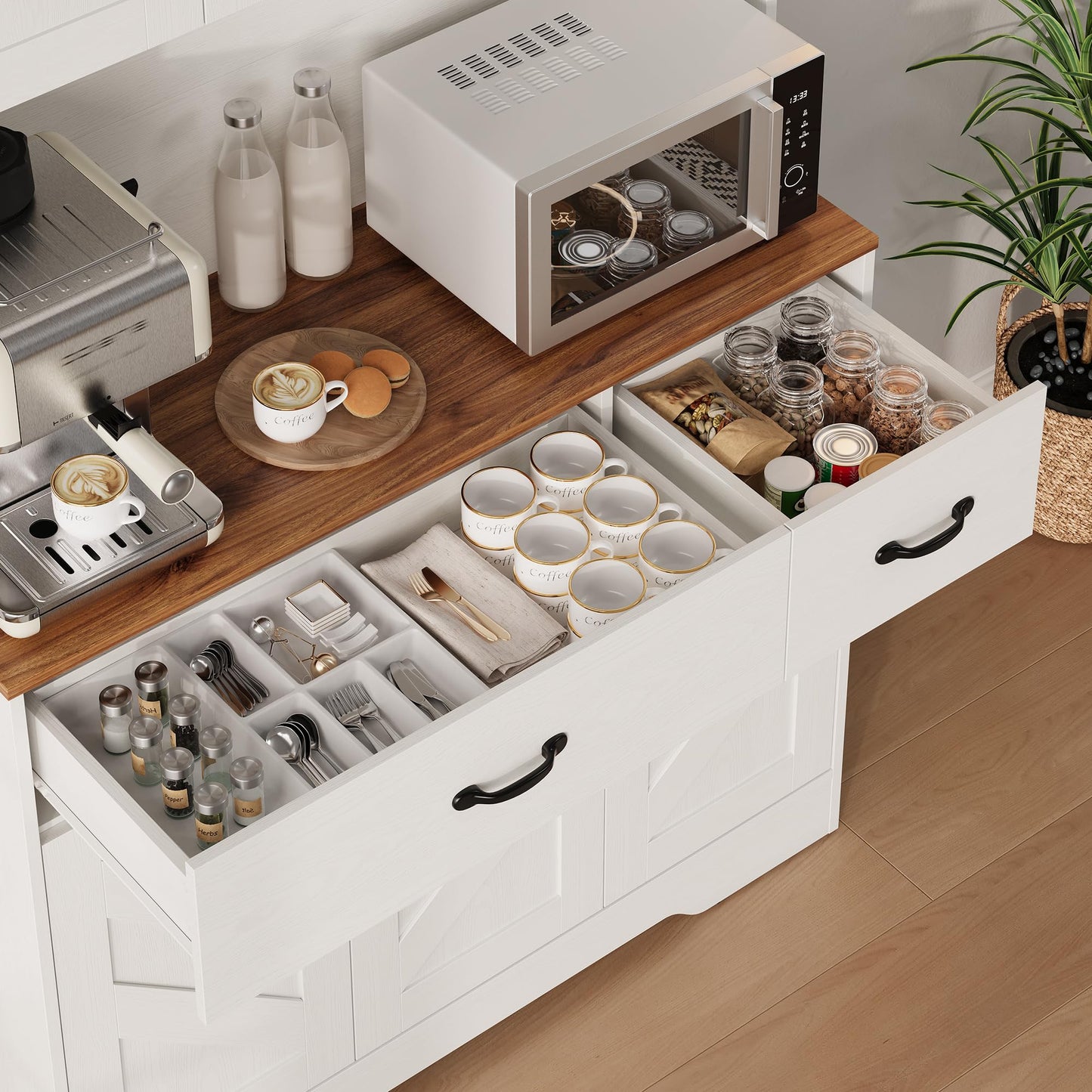 GarveeHome 71" Pantry Cabinet with Charging Station, Tall Kitchen Pantry Storage Cabinet with Microwave Stand, Farmhouse Kitchen Hutch with Countertop & 2 Drawers for Living Room, Dining Room, White