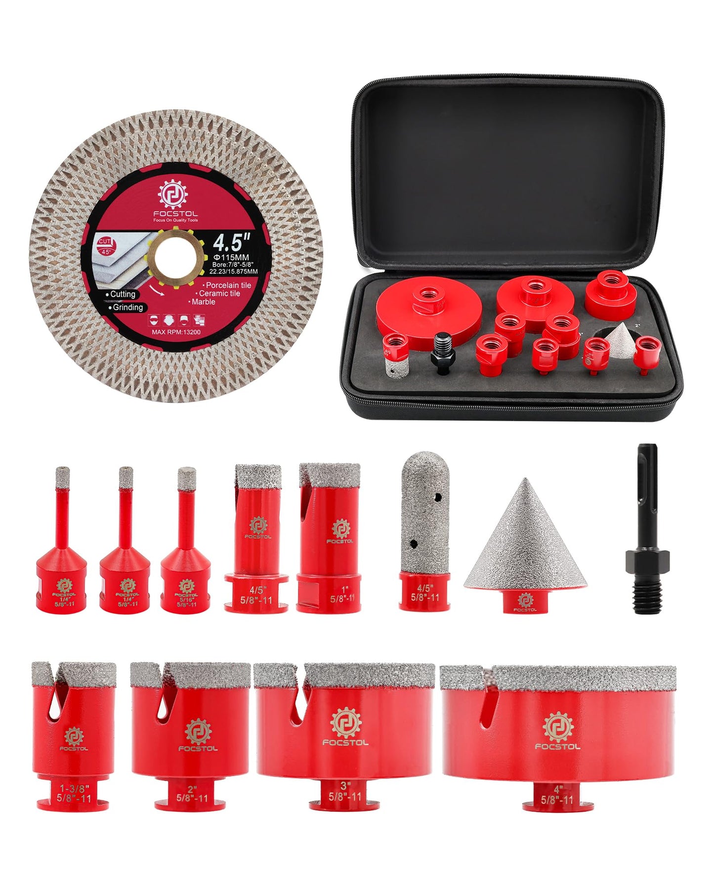 FOCSTOL Diamond Tile Hole Saw Kit 13pcs - (6/6/8/20/25/35/50/75/100mm+20mm Milling Bit+50mm Chamfer Bit+SDS+115mm Saw Blade) Diamond Core Drill Bit Set for Porcelain Tile Ceramic Marble Granite