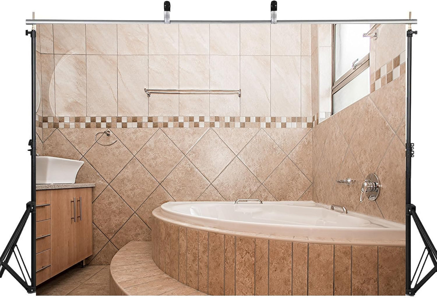 LidyMini 8x8ft Fabric Beige Tile Bathroom Backdrop Curved Bathtub Warm Neutral Tones Background Spa Shooting Theme