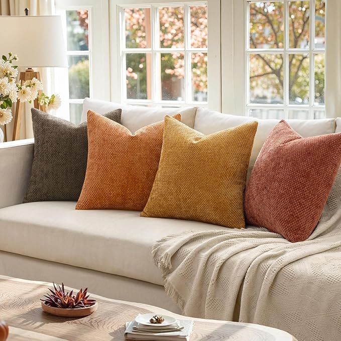 MIULEE Pack of 4 Orange/Yellow Couch Throw Pillow Covers 18x18 Inch Halloween Soft Decorative Chenille Pillows Farmhouse Accent Cushions for Boho Home Decor Spring Sofa Bedroom Living Room