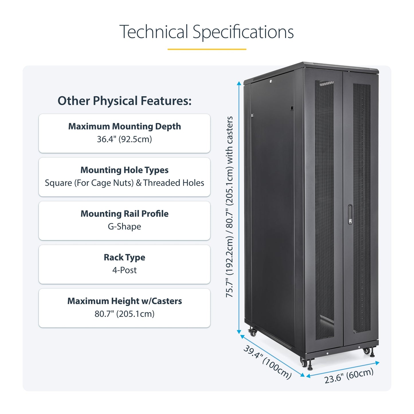 StarTech 42U Enterprise-Grade Server Rack Cabinet, Alloy Steel, 19in Enclosed 4-Post Rack with 36in (91cm) Mounting Depth and 2000lb (900kg) Weight Capacity, Black