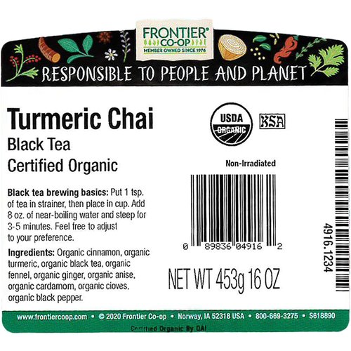 Frontier Co-op Turmeric Chai Tea, Certified Organic, Kosher | 1 lb. Bulk Bag