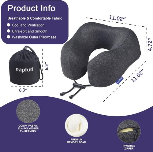Napfun Neck Pillow - Upgraded Travel Pillow with 100% Pure Memory Foam | Portable Headrest for Airplane, Full Black