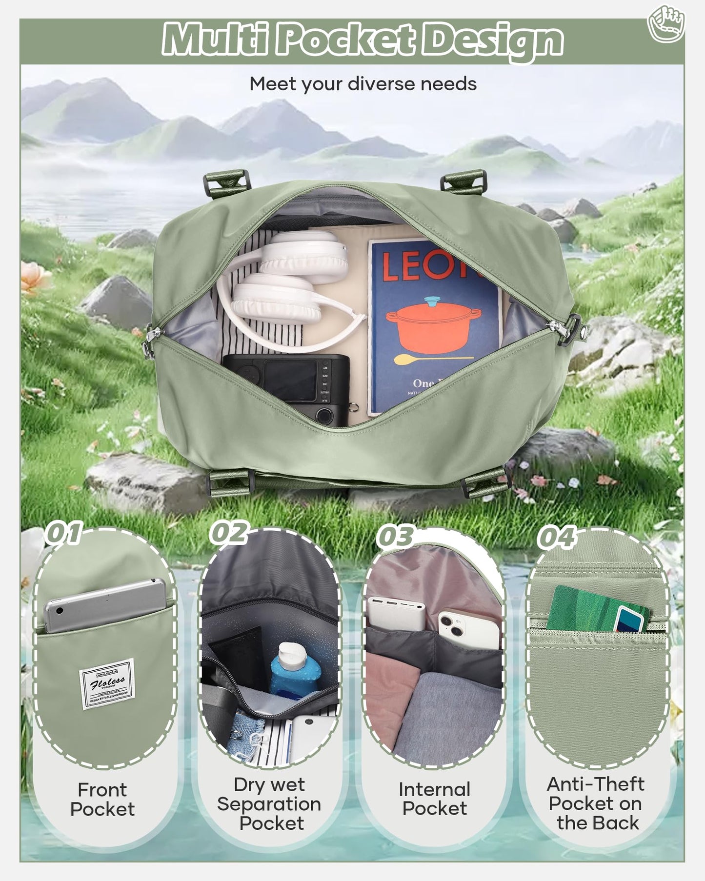 Travel Duffel Bags for Women Mens Waterproof Weekender Carry on Bag Sports Gym Bag Travel Tote Bags with Wet Pocket Overnight Bag Workout Duffel Bags with Trolley Sleeve Grey Green