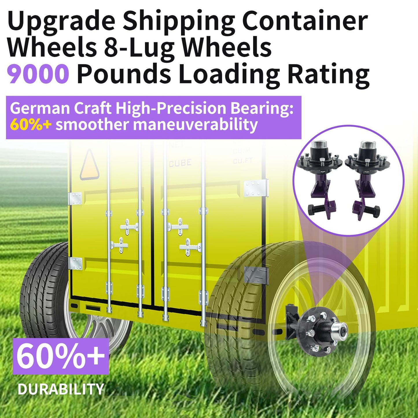 2 Pack Shipping Container Wheels 8-Lug Wheels Kit, Heavy-Duty Shipping Container Axles, Moves up to 40ft Shipping Container, Extra Thick Plate 8 Lugx6.5" Bolt-on Spindle Kit Quick Disassembly (Purple)