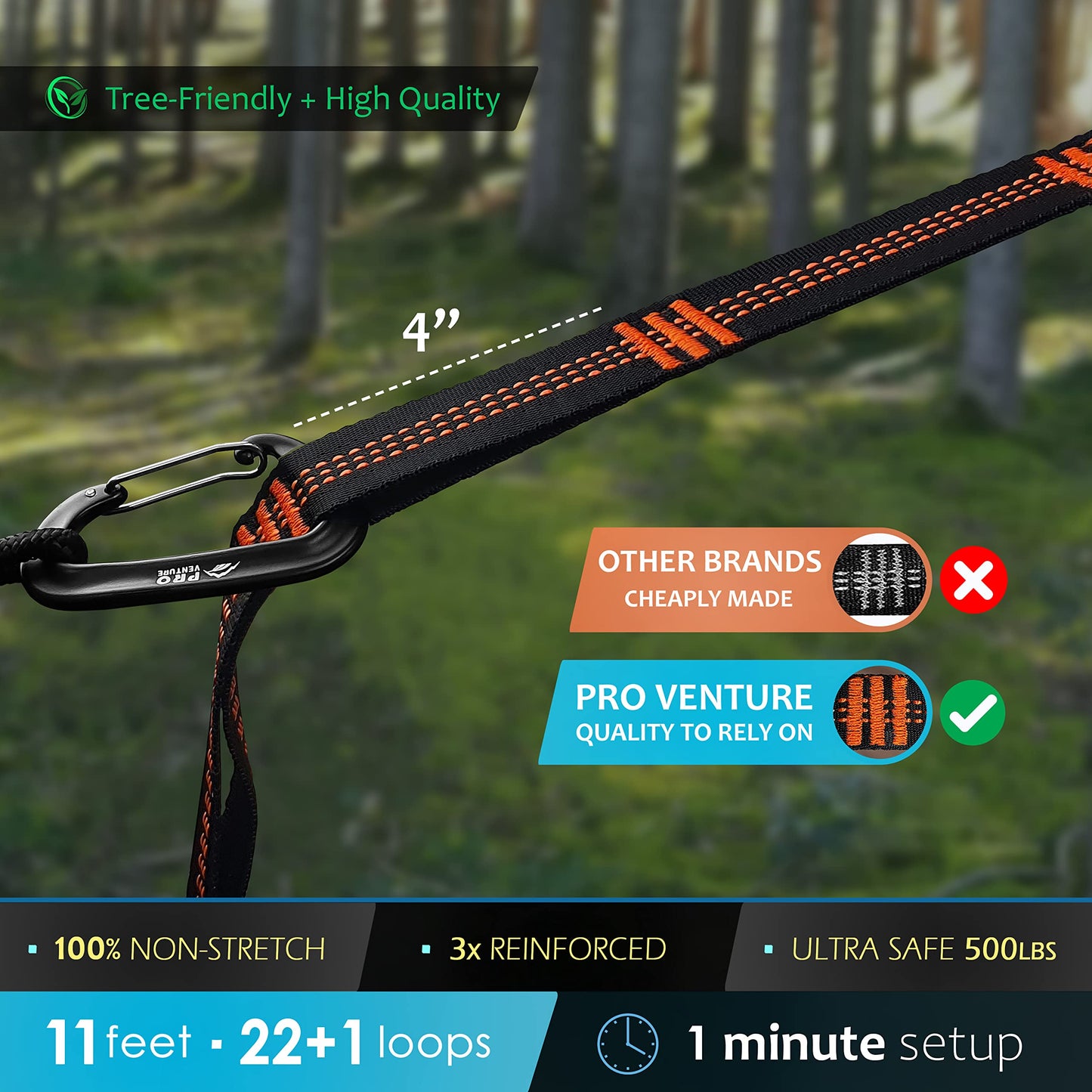 Pro Venture Hammock Straps and Carabiners Set | 22 Feet Total, 44+2 Loops | 1200lbs Breaking Strength (500lbs Rated) | Non-Stretch, Lightweight, Portable - Quick Setup | Heavy Duty, Tree Friendly