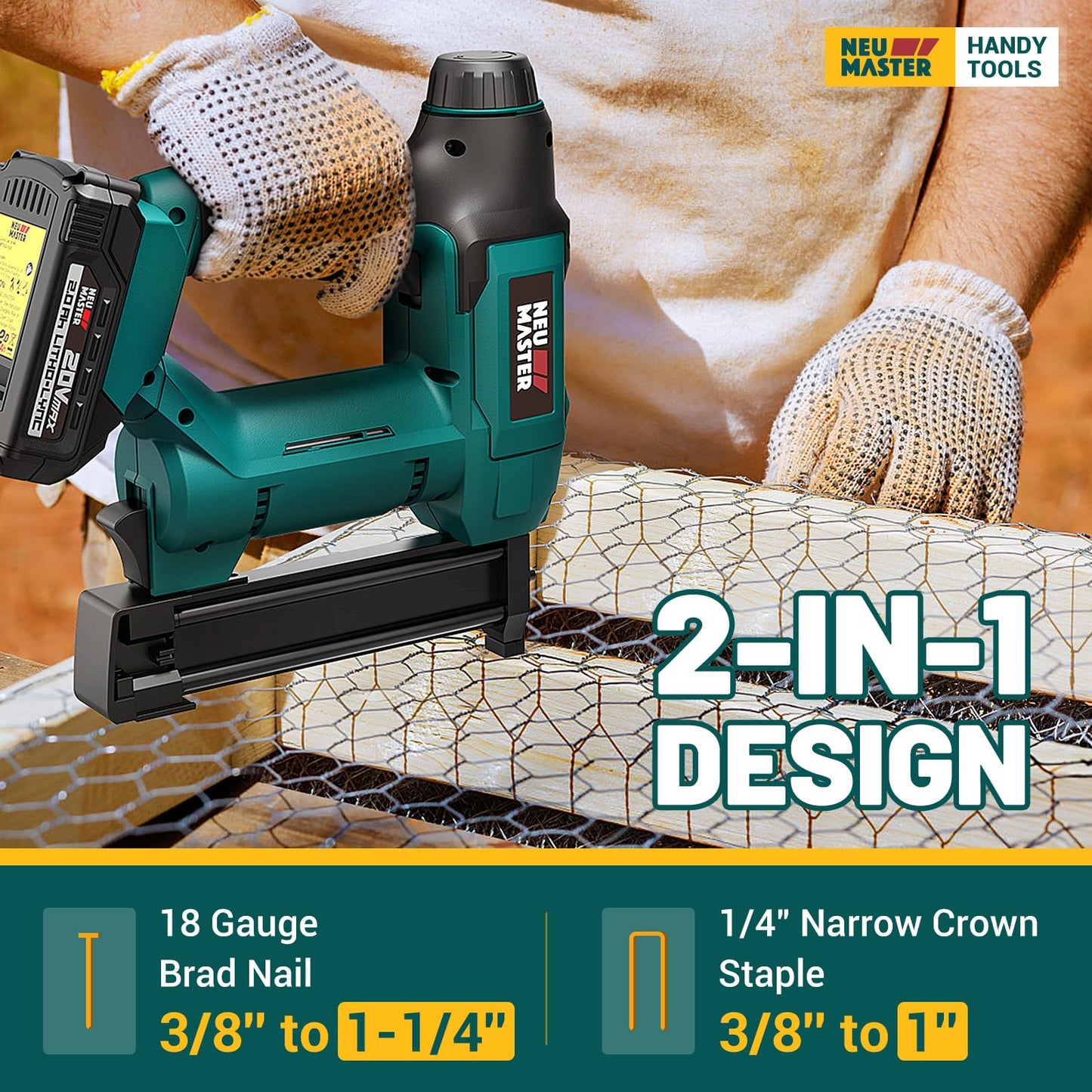 NEU MASTER Nail Gun Cordless with Battery Powered - 18 Gauge 2 in 1 Brad Nailer/Staple Gun, 20V Max. 2.0Ah Battery & Charger, 800 Nails & 200 Staples Included