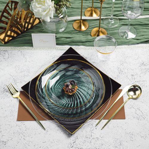 N9R 180 PCS Disposable Dinnerware Set with Gold Rim for 30 Guests,Green Plastic Plates Include 30 Dinner Plate, 30 Dessert Plates, 30 Cups, 90 Heavy Duty Gold Plastic Silverware for Party & Wedding