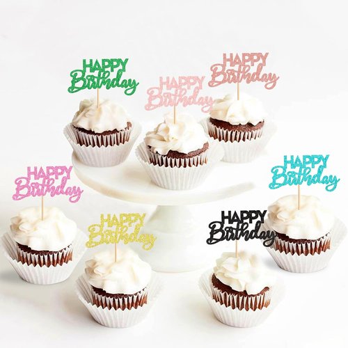 Ercadio 24 Pack Happy Birthday Cupcake Toppers - 8 Vibrant Colors for Kids' Parties & Celebrations
