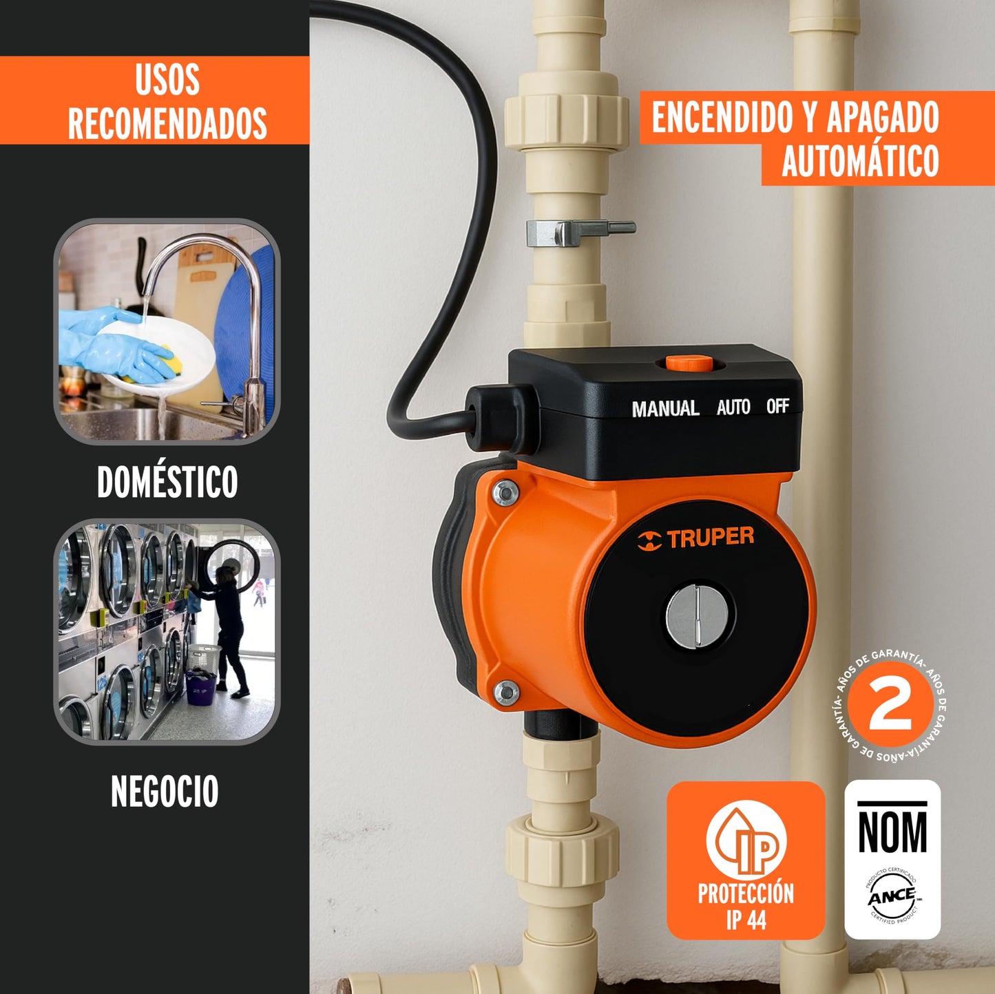 Truper 1/6 HP Pressurizing Pump, Black, Industrial, Plastic, 25 L/min Flow, 9m Max Height