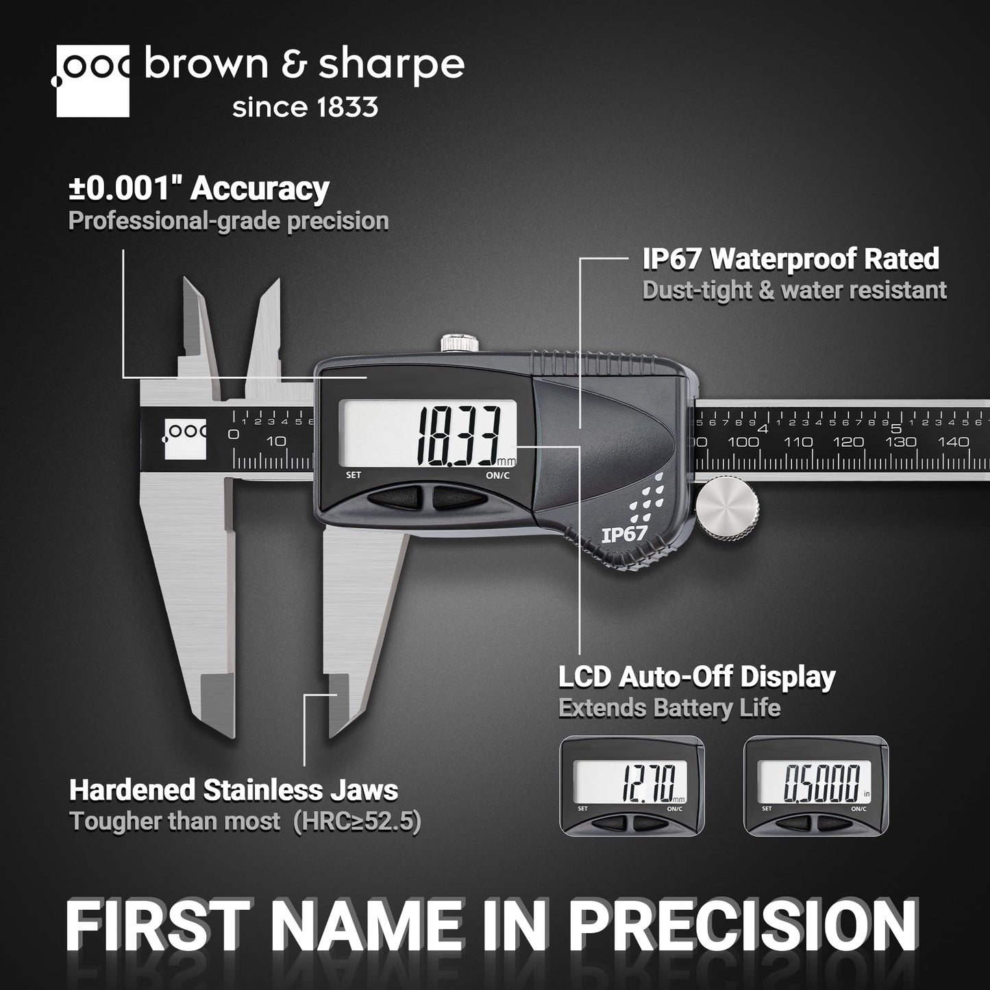 Brown & Sharpe Digital Caliper Measuring Tool, 8" Stainless Steel Vernier Caliper Digital Micrometer with .0005"/0.01mm Resolution, IP67, Electronic Slide Caliper for Laboratory, Factory, DIY