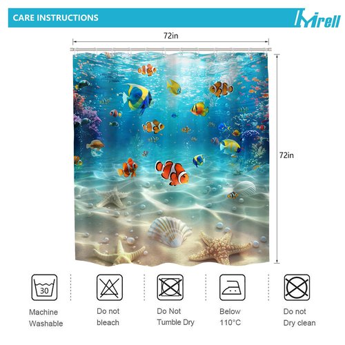 Imirell Ocean Fish Shower Curtain 72Wx72H Inches Summer Underwater Scenery Tropical Fishes Starfish Beach Corals in The Deep Sea Undersea World Kids Fabric Waterproof Polyester with 12 Hooks Plastic