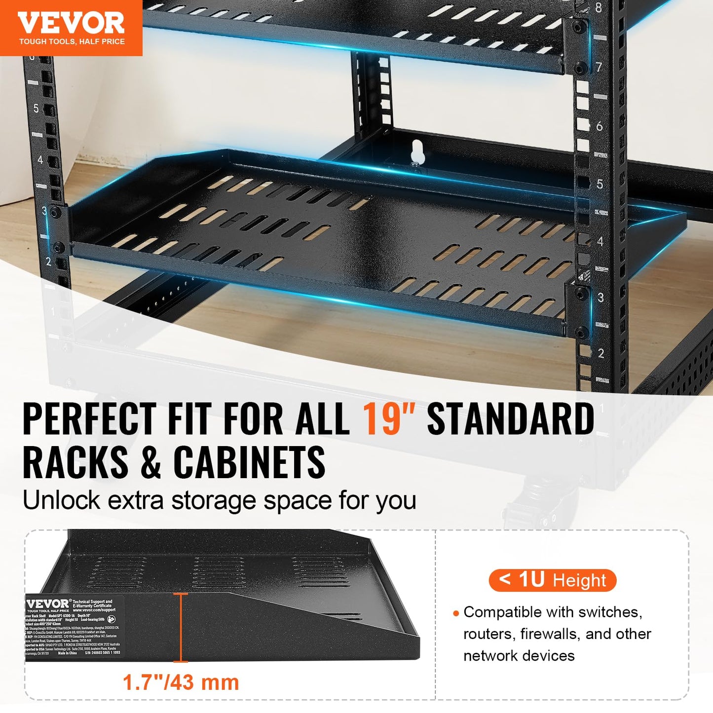 VEVOR 2PCS 1U Server Rack Shelf, Universal Vented Rack Mount Cantilever Tray for 19 inch Network Equipment Rack & Cabinet, 10" Deep Rack Mount Shelf, Weight Capacity 50 lbs Wall Mount Rack Shelf