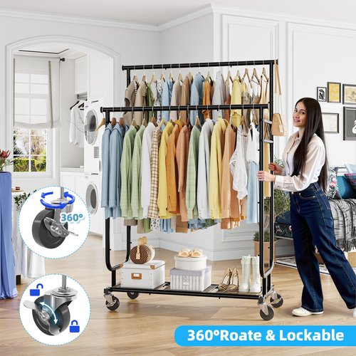 Ekisemio Heavy Duty Clothes Rack, Rolling Clothing Rack With Shelves Load 450 LBS, Double Rod Clothing Racks with Wheels for Hanging Clothes, Black