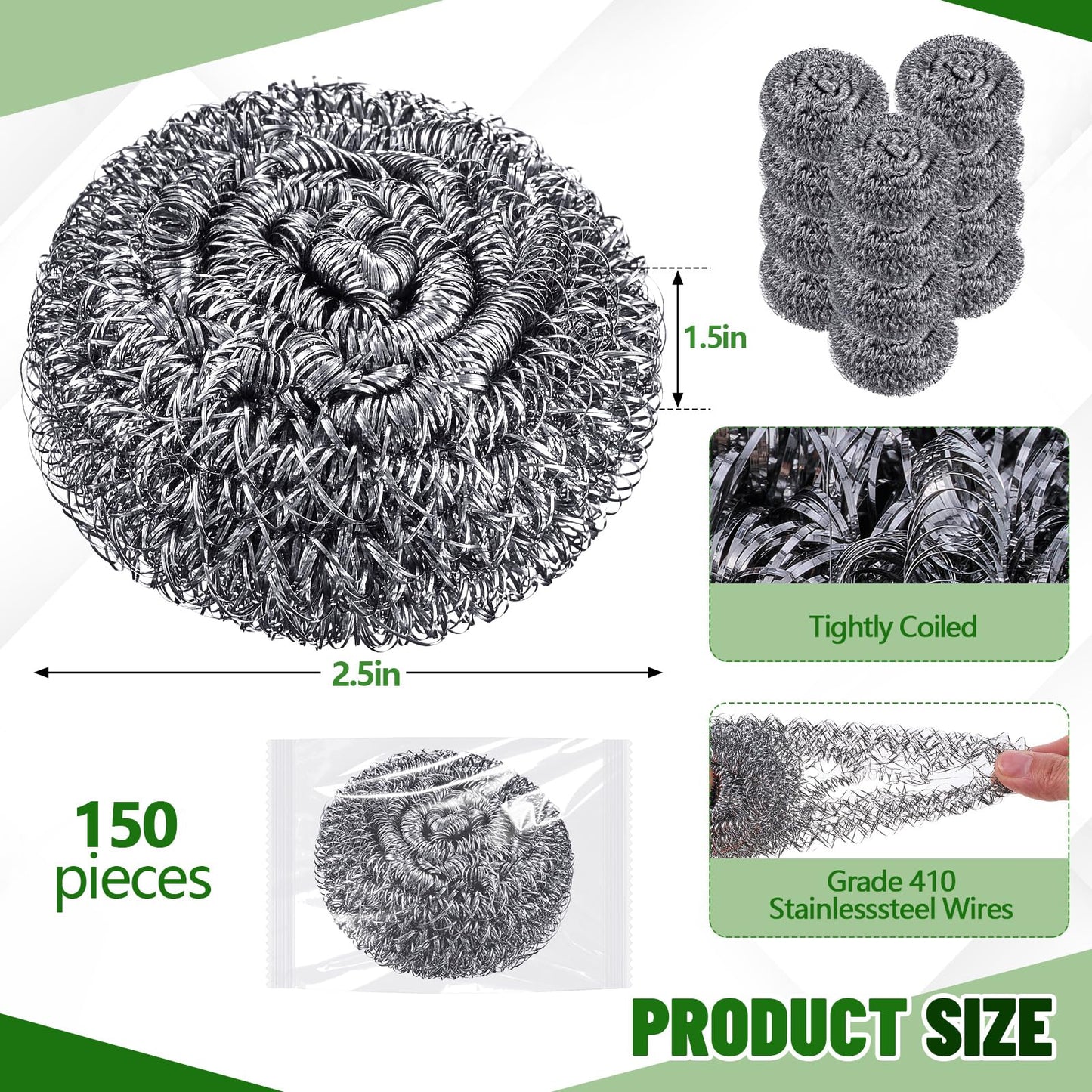 Honeydak 150 Pack Stainless Steel Scourers Steel Wool Scrubbers Bulk Separately Packaged 2.5 Inch, 15 Gram Metal Scourers Sponges Wire Scouring Pad for Stove Pot Pan Oven Kitchen Restaurant(Classic)