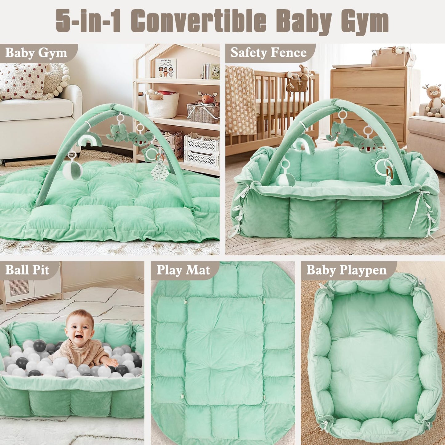 5-in-1 Plush Baby Play Gym, Baby Play Mats, Convertible Baby Gym, Tummy time mat, 6 Sensory Toys, Activity Center, Ball Pit, Sage Green