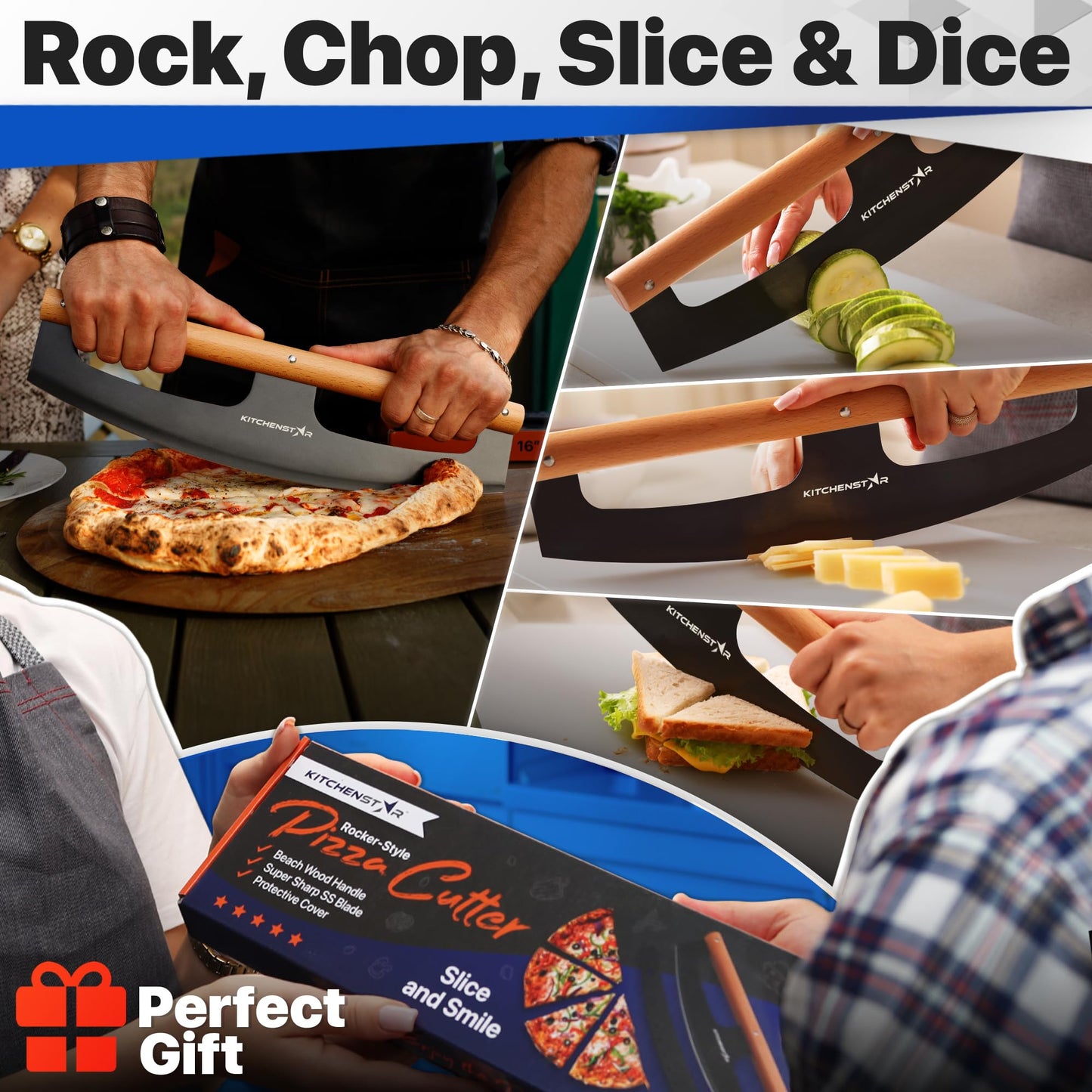 KitchenStar Pizza Cutter Rocker Blade 16" Black + Wooden Pizza Peel 16" + Pizza Stone for Oven and Grill 16" with Handles - Pizza Making Bundle