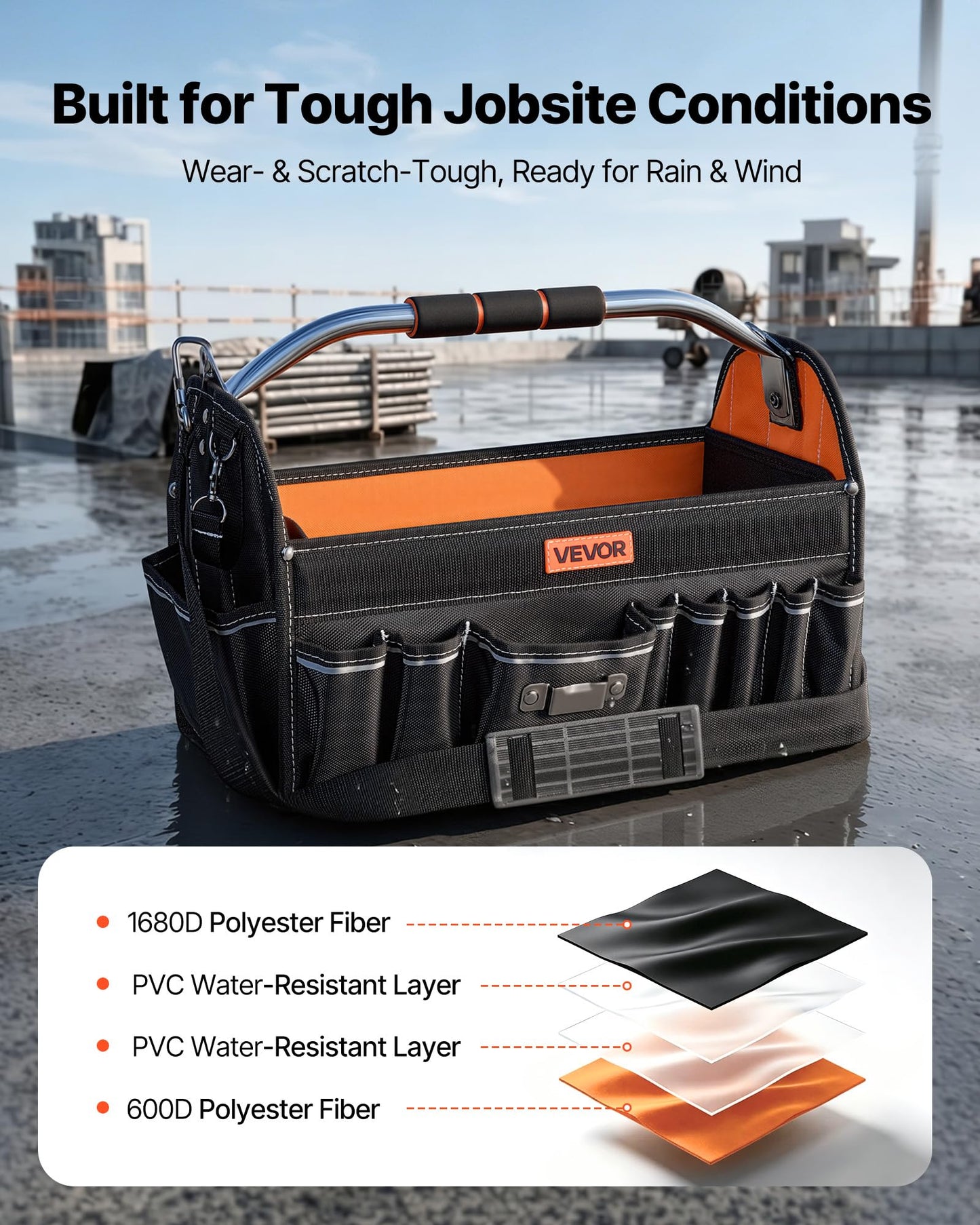 VEVOR Tool Bag, 16.1 Inch, 33-Pocket Open Top Tool Tote, Electrical Maintenance Toolbox Organizer Storage with Handle, Adjustable Shoulder Strap, Portable Toolbag, for Professionals DIY & Jobsite Use