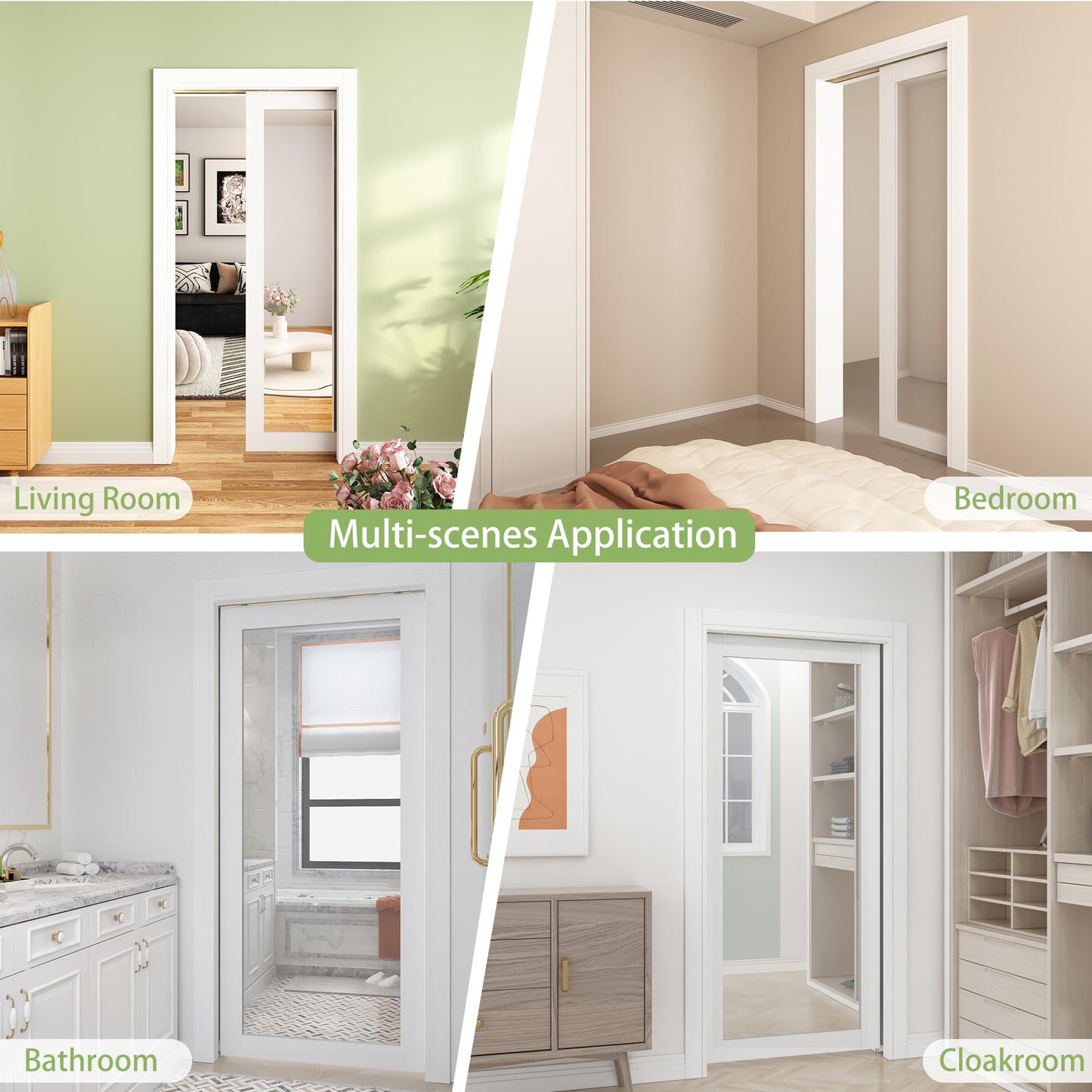 JUBEST Pocket Door 30"x80", 1-Panel Mirrored Sliding Pocket Door with Soft Close Hardware Kit, Sturdy Solid Wood & MDF with Water-Proof PVC Surface, No Assembly Required, White