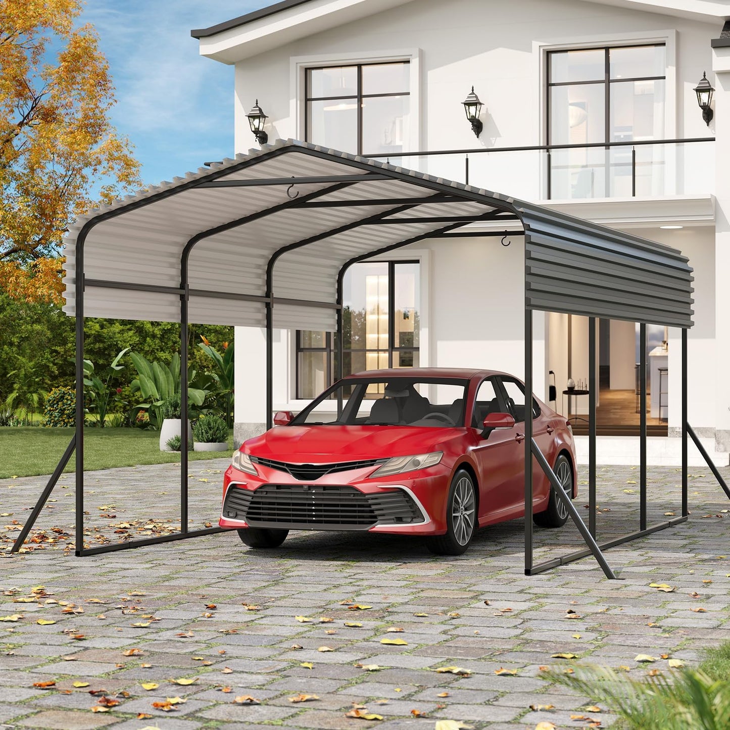 Outdoor Metal Carport, 10x15FT Heavy Duty Carport Canopy with Electro-Galvanized Steel Top & Triple-Braced Foundation, Garage Shelter Shade for Trucks, Boats, Cars