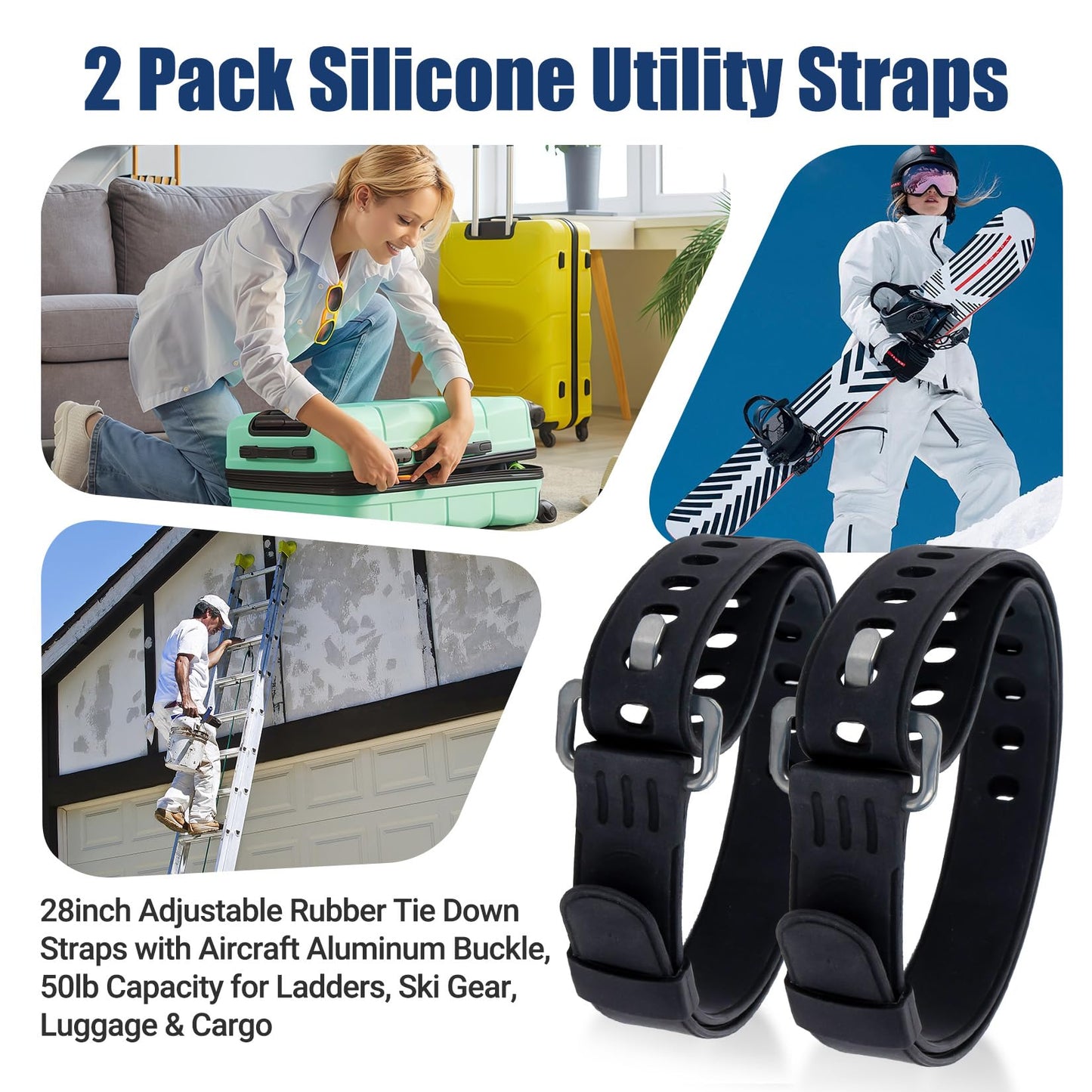 PSLER 2 Pack Heavy-Duty Silicone Utility Straps - 28inch Adjustable Rubber Tie Down Straps with Aircraft Aluminum Buckle, 50lb Capacity for Ladders, Ski Gear, Luggage & Cargo, Black