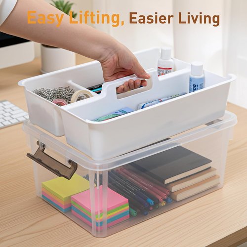 Citylife 17 QT Clear Plastic Storage Bin - Stackable Latching Box with Removable Tray | Orange for Organizing Tools & Crafts