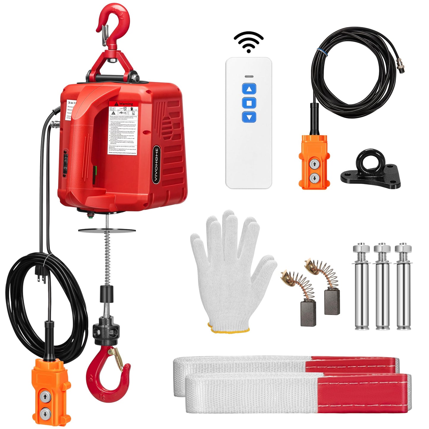 VIVOHOME 3-in-1 Electric Hoist Winch 1540lbs, 110V Portable Power Winch Crane with Wire and Wireless Remote Control, 40ft Lifting Height for Towing, Overload Protection for Garage, Factory, Warehouse
