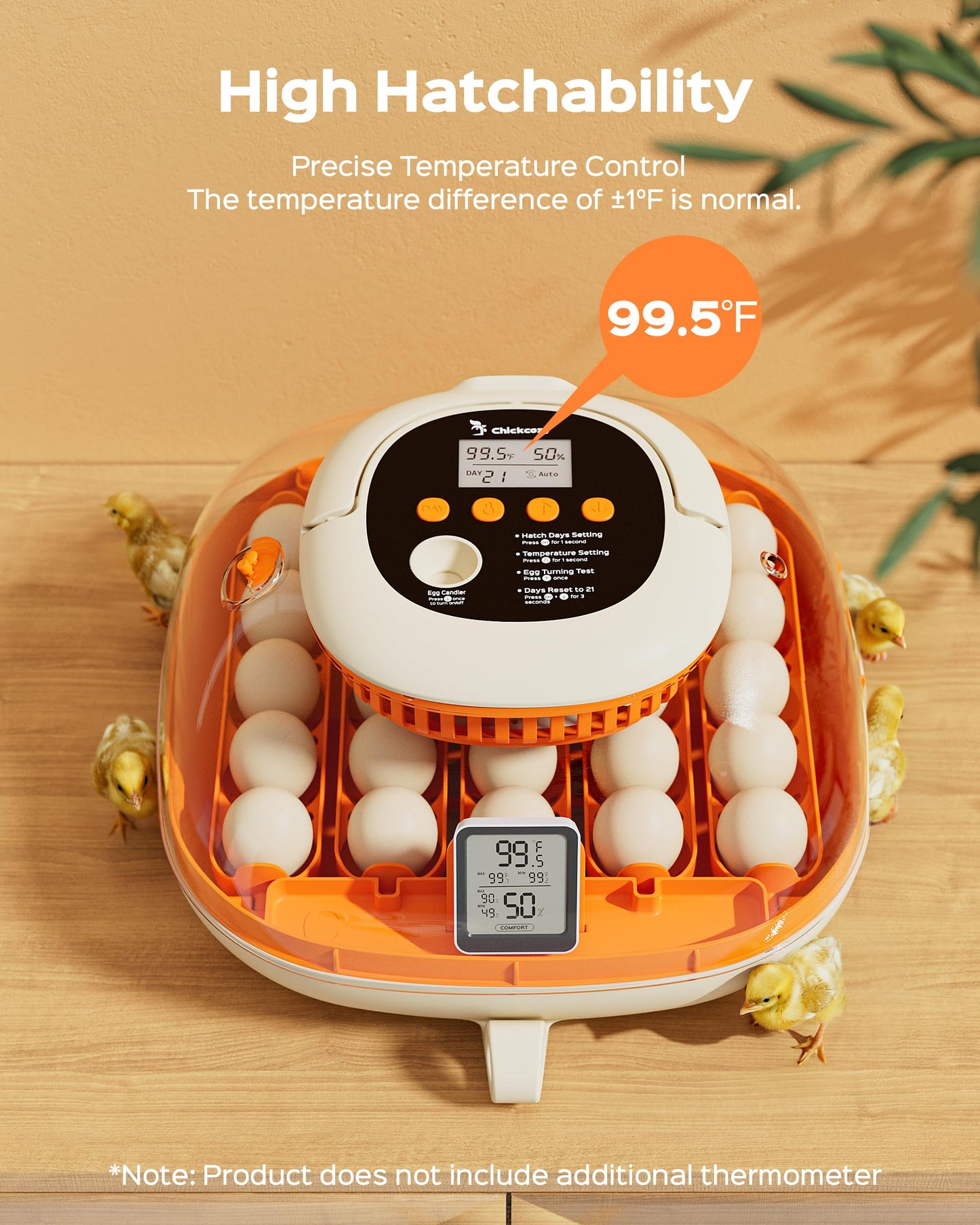 Chickcozy 25 Egg Incubator, Automatic Egg Turner with Thermometer Seat and Humidity Control, Egg Candler, 360° View with Clear Window, Incubators for Hatching Chicks (Sunlit Orange)