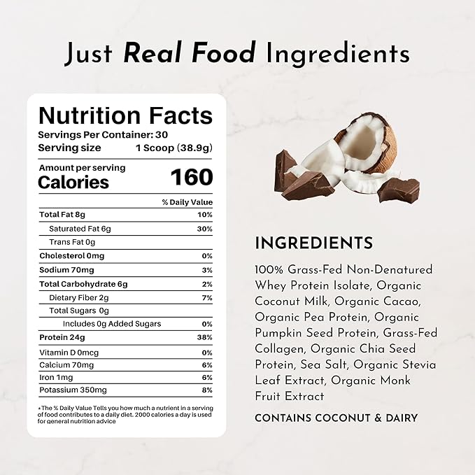 JUST INGREDIENTS Coconut Chocolate Protein Powder ??30-Serving Blend with 100% Grass-Fed Whey & Organic Plant Proteins ??Creamy Coconut Cocoa Flavor ??Supports Muscle Recovery, Energy*
