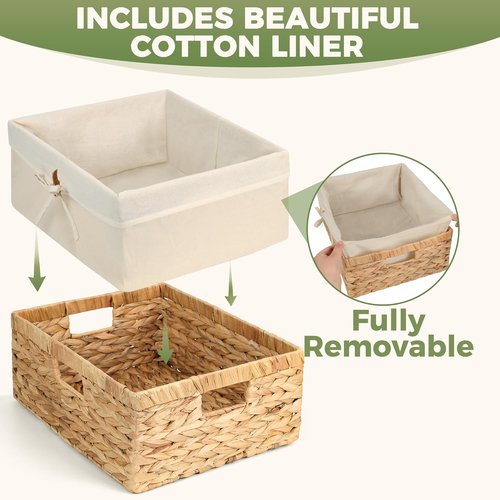 Natural Water Hyacinth Wicker Shelf Storage Baskets - Large 15” x 12” x 6” Organizers with Handles & Cotton Liner