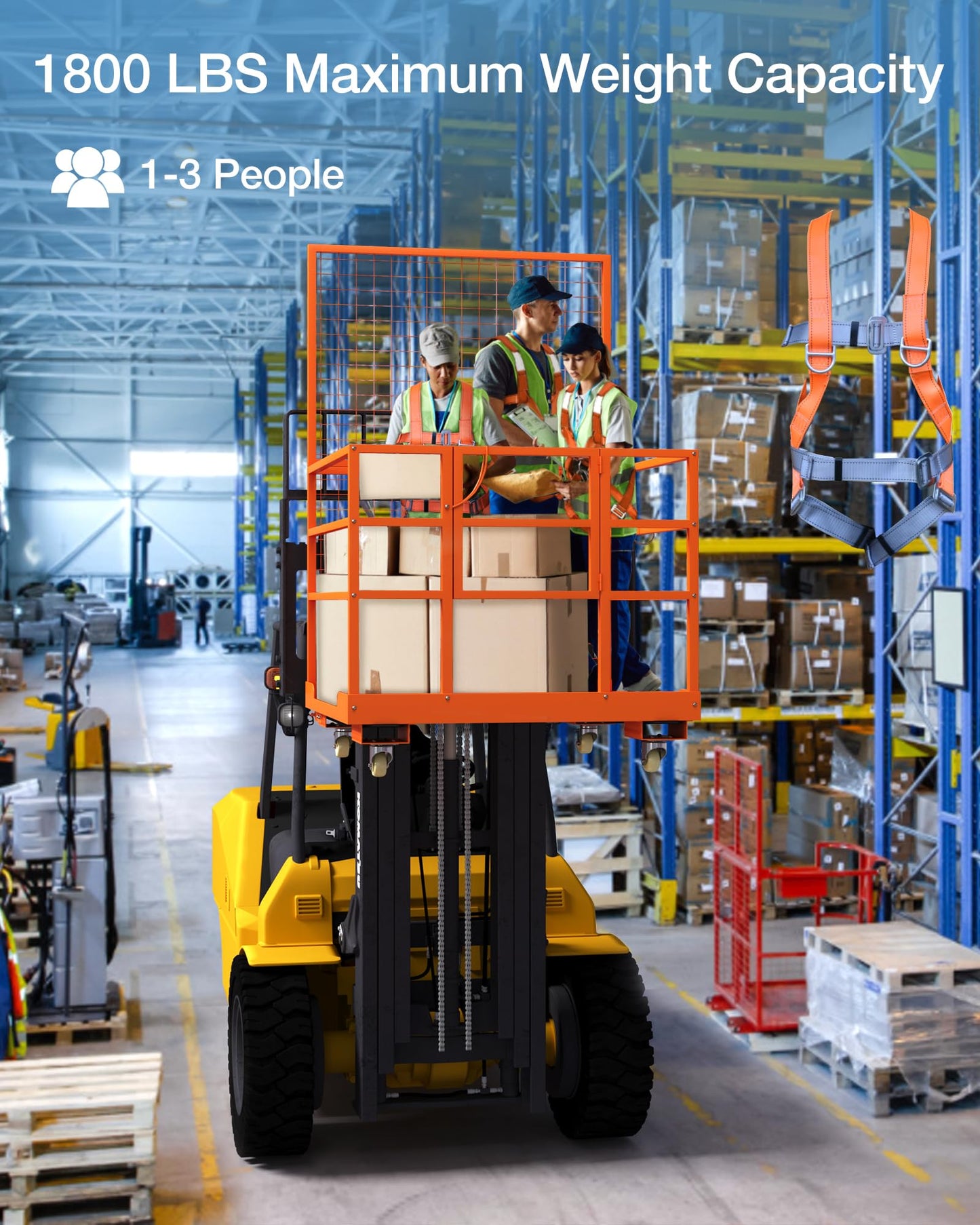 GarveeTech 45 in x 43 in Forklift Safety Cage, 1800 LBS Max. Heavy Duty Steel Forklift Man Basket with Safety Harness & Wheels, Aerial Work