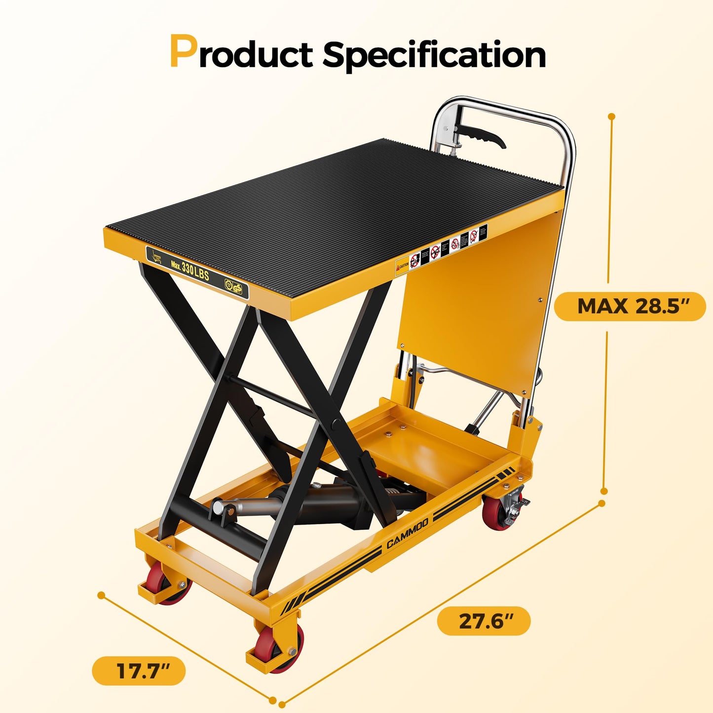 CAMMOO Foldable Hydraulic Lift Table Cart, 330lbs Capacity, 28.5" Lifting Height, Single Scissor Lift with Non-Slip Pad & Thickened Scissors Design for Material Handling and Transportation, Yellow